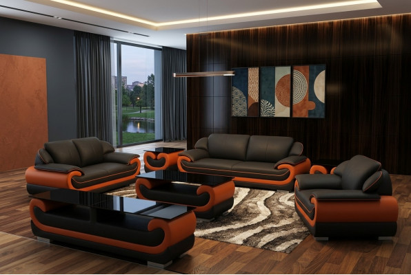 Ledercouch Wunnlandschaft 3+1+1 Sëtzer Set Design Modern Sofa