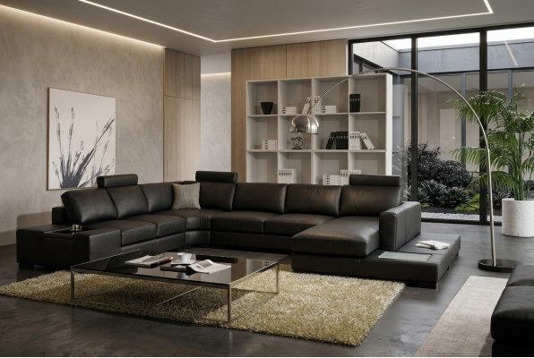 Ledersofadesigner Sofa U-Form Wunnlandschaft Canapé Dekoratioun Këssen Eckssofa