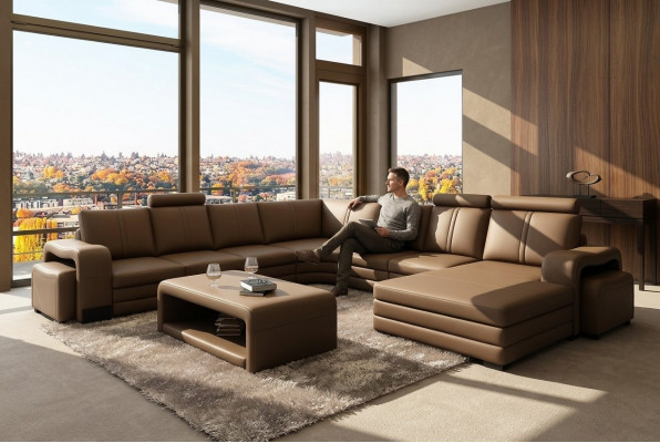 Designer Wunnlandschaft U-Form Schemel Dësch Canapé Ecksofa Polster