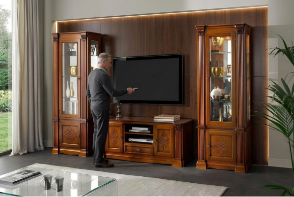 Klassesch Wunnzëmmer Vitrine Büffet RTV Regal Maueren Schaf 3-Teiler Massivholz