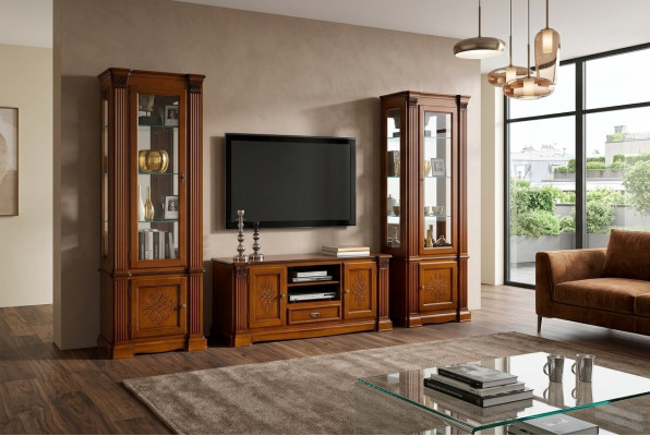 Klassesch Wunnzëmmer Vitrine Büffet RTV Regal Maueren Schaf 3-Teiler Massivholz