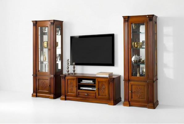 Klassesch Wunnzëmmer Vitrine Büffet RTV Regal Maueren Schaf 3-Teiler Massivholz