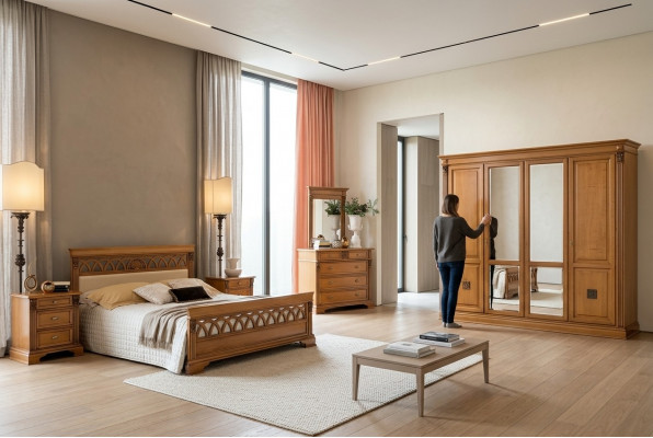 Schlofzëmmer Set Komplett Kommode Bett Kleederschaf Blieder Nuetskonsole 6tlg. Massivholz