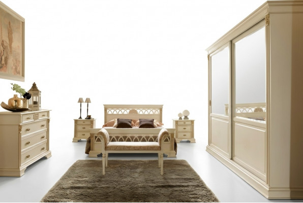 Schlofkummer Set Design Modern Luxus Bett + 2x Nuetsdësch Massivholz
