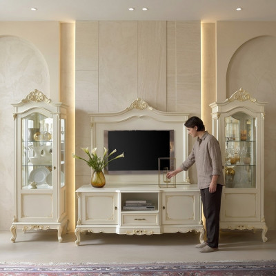 Wunnwand Wunnzëmmer Vitrin Sideboard RTV Regal Wänn Schaf 4stéck Massivholz