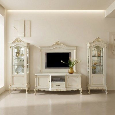 Wunnwand Wunnzëmmer Vitrin Sideboard RTV Regal Wänn Schaf 4stéck Massivholz