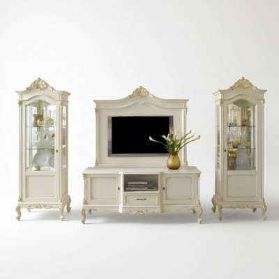 Wunnwand Wunnzëmmer Vitrin Sideboard RTV Regal Wänn Schaf 4stéck Massivholz
