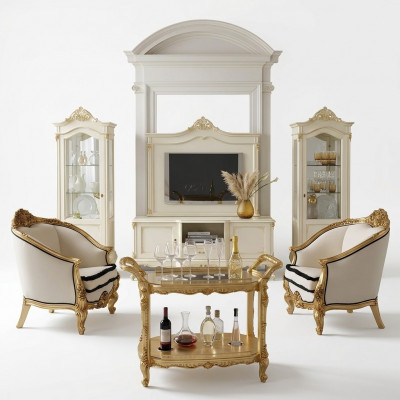 Klassesch Wunnwand Wunnzëmmer Vitrin Sideboard RTV Regal Maueren Schaf 3-tlg. Massivholz