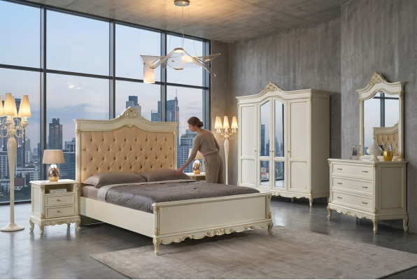 Italienesch Barock Stil Miwwelen Schlofkummer 5tlg. Set Bett Dressoir Nuetsdëscher