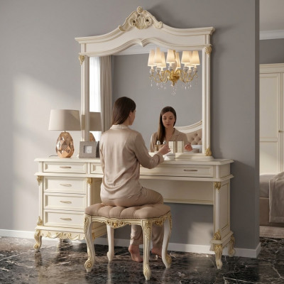 Make-up-Dësch mat Spigel Luxus Konsol Kommod Schlofzëmmer Barock Rokoko Massivholz