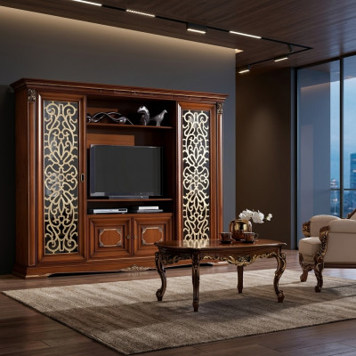 Designer Wunnzëmmer TV Anbauwand Medienwand Fernsehwand Fernsehschaf Wohnwand Massivholz