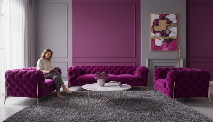 Designer Chesterfield Canapé-Set Sofa Couch Polster Set aus Samt 3+2+1 Sëtzer