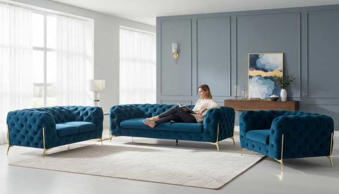 Luxus Chesterfield Polster Sofasett aus Samt 3+2 Sëtzer Couch Set Garnitur
