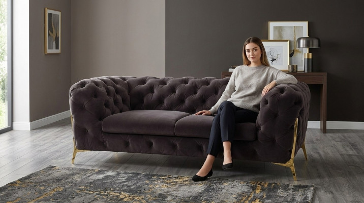 Chesterfield Samt Designer Sofa 2 Sëtziger Canapé Textil Samt Garnitur Gold Been