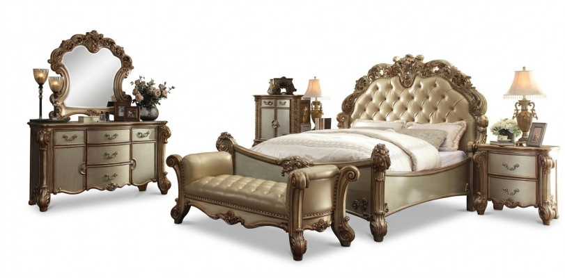 Schlofzëmmer Set Komplett Miwwelen Nuetsdëscher Kommode Bett 7 Stéck Holz
