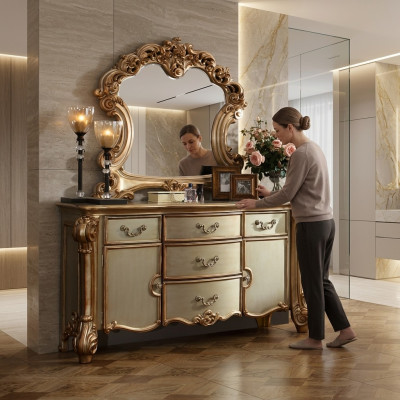 Buffet Anrichte Kommode Spigel Eechte Handaarbecht Holz Klassesch Barock Rokoko