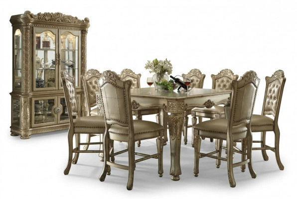 Klassescht Goldent Iesszëmmer-Set Reckteckegt Iessdësch 8x Chesterfield Still Vitrine 10 Deeler