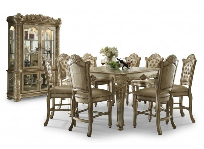 Klassescht Goldent Iesszëmmer-Set Reckteckegt Iessdësch 8x Chesterfield Still Vitrine 10 Deeler