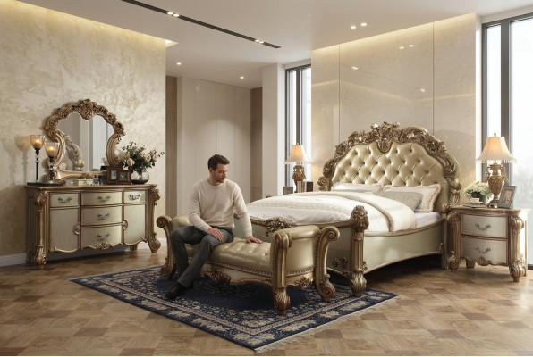 Bett 2x Nospiedestal 3tlg. Klassesch Schlofzëmmer Set Luxus Barock Rokoko