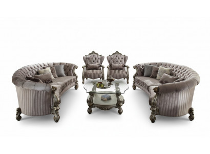 Eenzegaartege Set Chesterfield Luxusmiwwelen 4 Stéck. 2x rondauegt Sofa + 2x Sëtzstel.