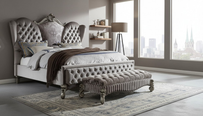 Bett Polsterbett Luxus Duebel-Schlofzëmmer Deko Barock Holz Lieder Better