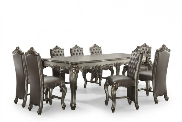 Groussen Klassiker rechteckege Iessdësch mat 8x Chesterfield Holz Liederstillen.