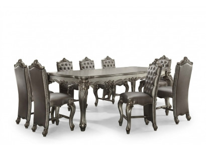 Groussen Klassiker rechteckege Iessdësch mat 8x Chesterfield Holz Liederstillen.