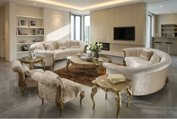 Design Sofasett 4+4 Sëtzer Beistell Dësch Ronn Sofa Gepolstert Klassesch Sofae Nei