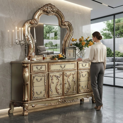 Edel Kommode Buffet Kommoden Schaf + Spigel Barock Rokoko Anrichte Holz nei