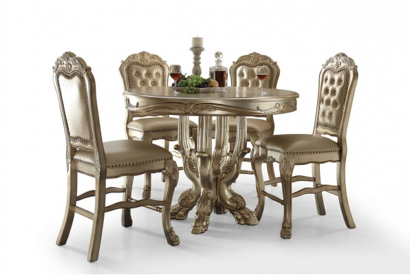 Klassesche ronnen Gold-Iessdësch Esstisch Sall Chesterfield x4 Still 5tlg. Set