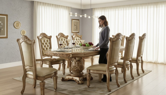 Komplett Komplette Beige Iesszëmmer Garnitur Luxus Iessdësch mat Liederstillen