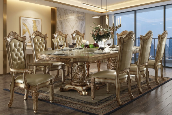 Komplett Komplette Beige Iesszëmmer Garnitur Luxus Iessdësch mat Liederstillen