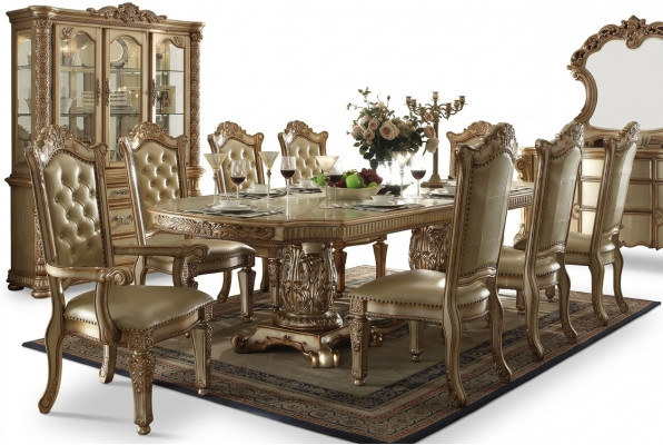 Komplett Komplette Beige Iesszëmmer Garnitur Luxus Iessdësch mat Liederstillen