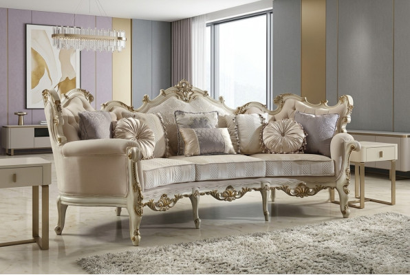 Exklusiv Holz geschnëtzte Véiersëtzer XXL Couch Barock Rokoko Textilsofa