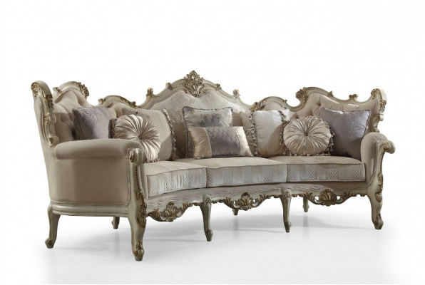 Exklusiv Holz geschnëtzte Véiersëtzer XXL Couch Barock Rokoko Textilsofa