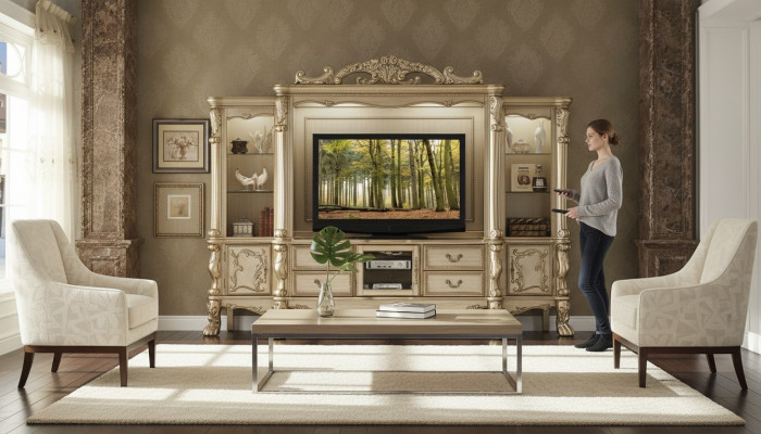 TV Mauer Holz Stil Barock Regal Wunnzëmmer Miwwelen Schaf nei Klassesch