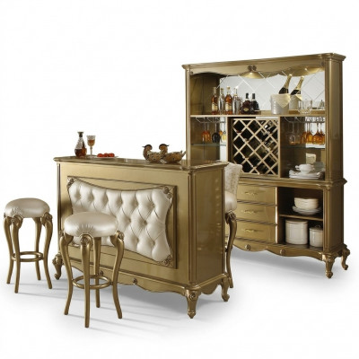 Modern Designer Chesterfield Bar-Sëtzgrupp mat Bartresen an 2x Barhocker, Komplett Set 3 Deeler.