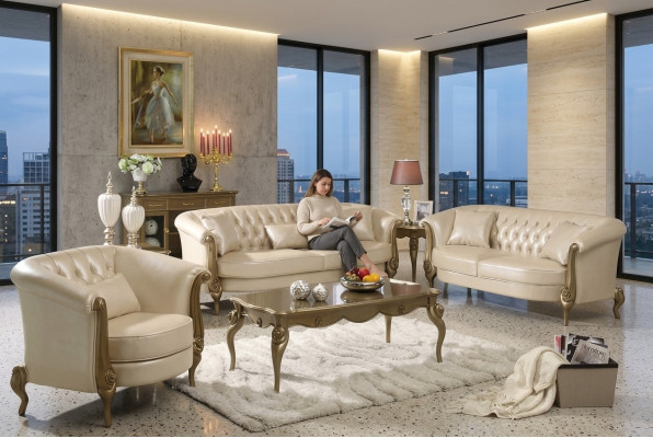 Luxus Miwwelen Sofagarnitur Couch Sofa Polster 3+2+1 Sëtzer mat Dësch fir déi säitlech Couchë.