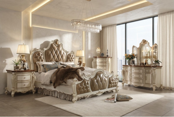 Schlofzëmmer Set Nuetsdëscher Bett 5stéck. Rokoko Barock Antik Stil Holz Bett
