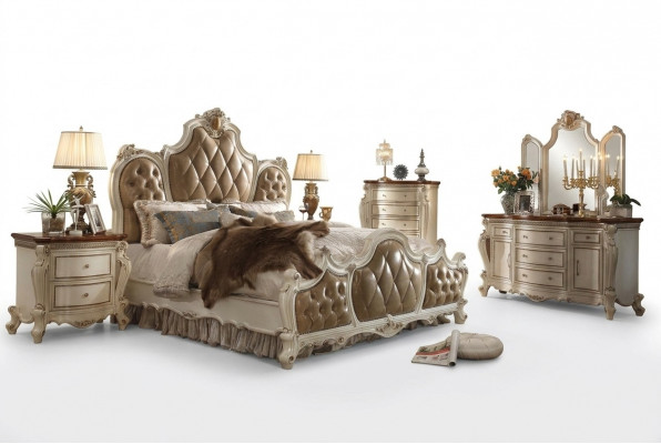 Schlofzëmmer Set Nuetsdëscher Bett 5stéck. Rokoko Barock Antik Stil Holz Bett