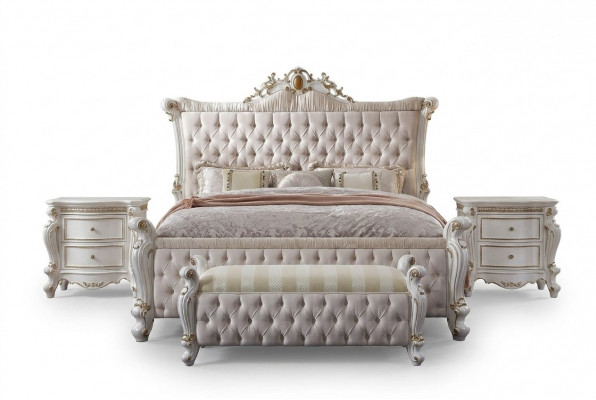 Chesterfield Schlofzëmmer Set 3 Stécker Garnitur Bett + 2x Nuetsdëscher Barockstil