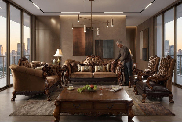 Klassesch Sofagarnitur 3+2+1 Sëtz Sofa Couch Polster Textil Chesterfield