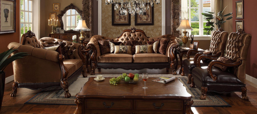 Komplett Set Sofagarnitur 3 2 1 1 Sëtzplaz + Coffeestil Barock Holz