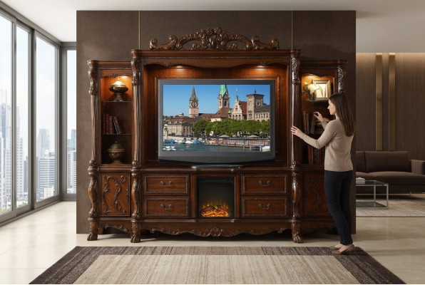 Wunnwand TV Wand Holz Stil Barock Regal Klassesch Wunnzëmmer Miwwelen