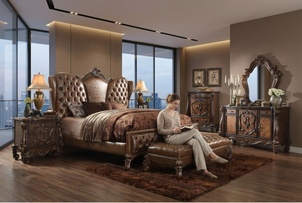 Chesterfield Bett 2x Nuetsdëscher 3tlg. Set Miwwelen Barock Rokoko Schlofzëmmer Set