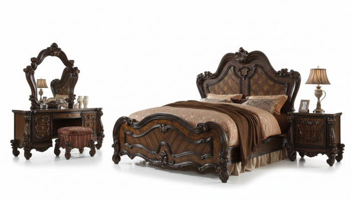Schlofkummer Nuetsdëscher Set Bett 5 Stéck. Rokoko Barock Antik Stil Holz Bett