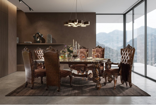 Braunen klasseschen hëlze Iessdësch + Chesterfield x6 Still Iessgrupp 7 Stéck Set
