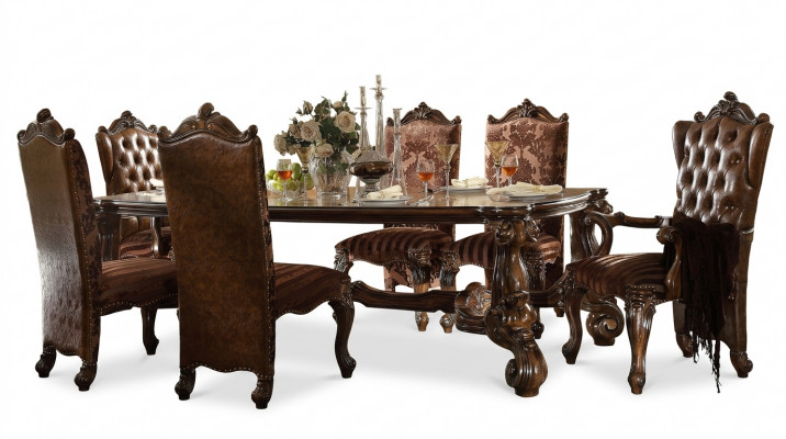 Braunen klasseschen hëlze Iessdësch + Chesterfield x6 Still Iessgrupp 7 Stéck Set
