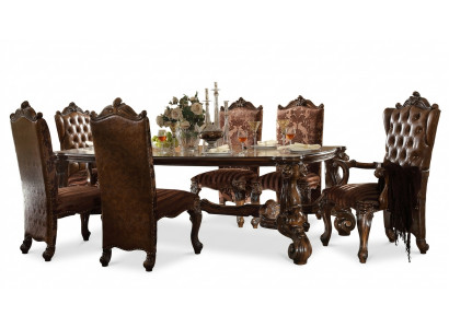 Braunen klasseschen hëlze Iessdësch + Chesterfield x6 Still Iessgrupp 7 Stéck Set