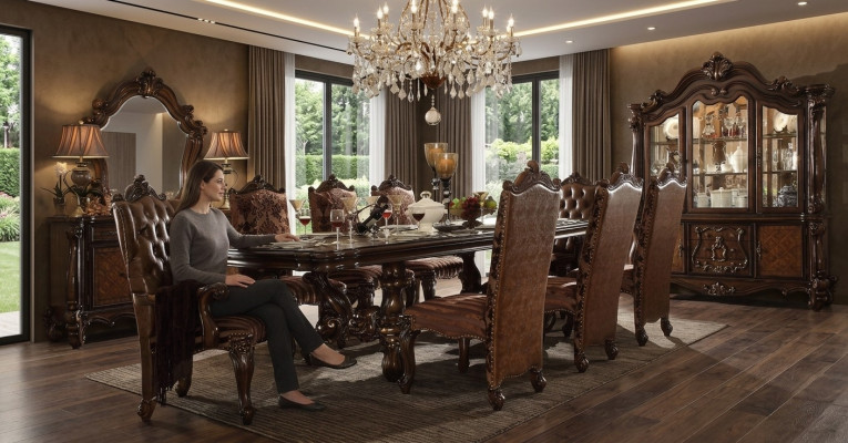 Klasseschen Iessdësch Holz Iesszëmmer Garnitur 8x Still Designer Set